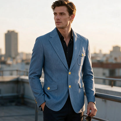 Men's Denim Suit Jacket Classic Notched Lapel Slim Fit Gold Buttons Multiple Pockets Formal Blazer Business Casual Daily Wear