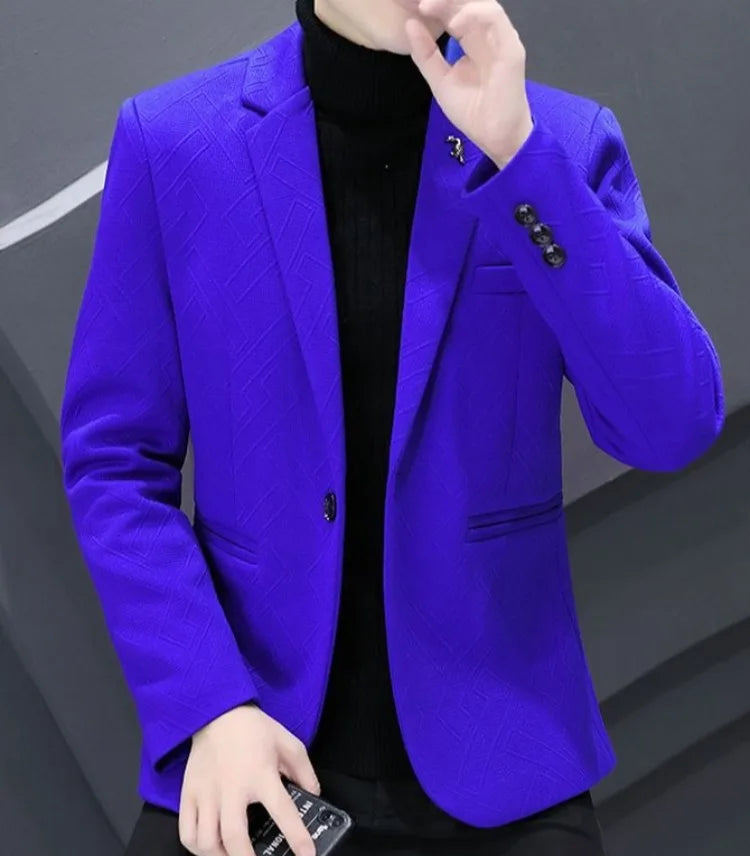 Men's Autumn Winter Fleece-Lined Slim Fit Casual Blazer Korean Style Solid Color Thick Warm Youth Fashion Suit Jacket