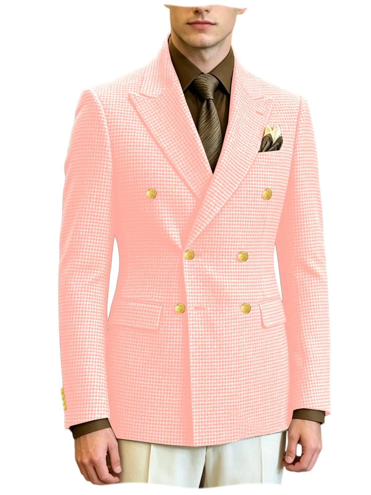 Men's Houndstooth Double Breasted Blazer Vintage Slim Jacket  Fit Formal Business Wedding Party Coat For Men Autumn Winter