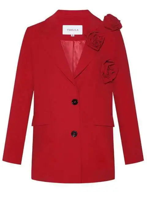 Women Solid Blazer Coat Lapel Flowers Three-dimensional Single Breasted Loose Autumn 2026 New Elegant Lady Fashion 15KB424