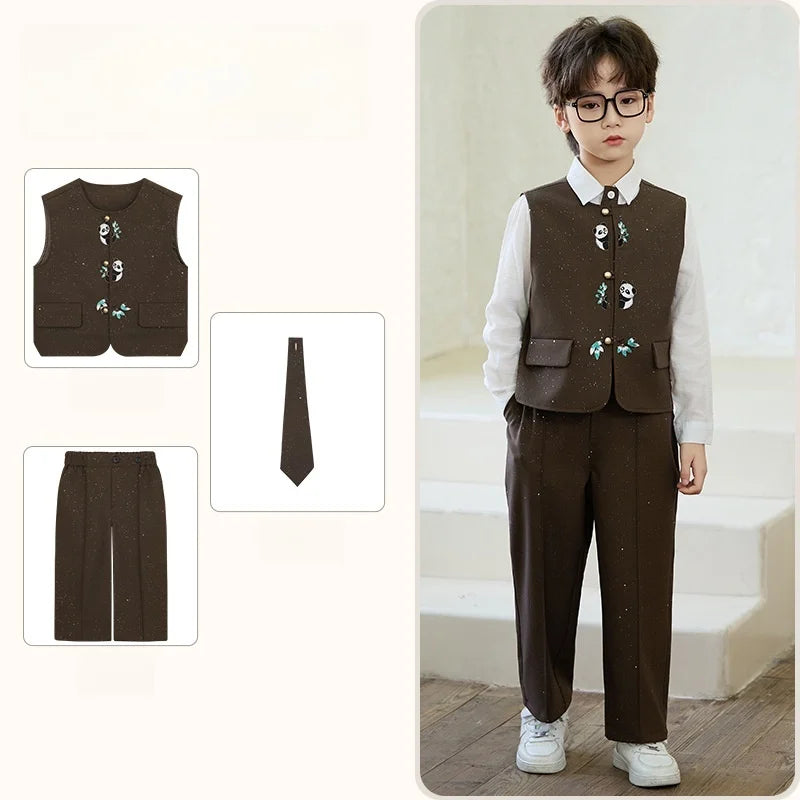 90-160 Kids New Chinese Tang Suit Hanfu Embroidery Suit Flower Boys Host Recitation Performance Costume