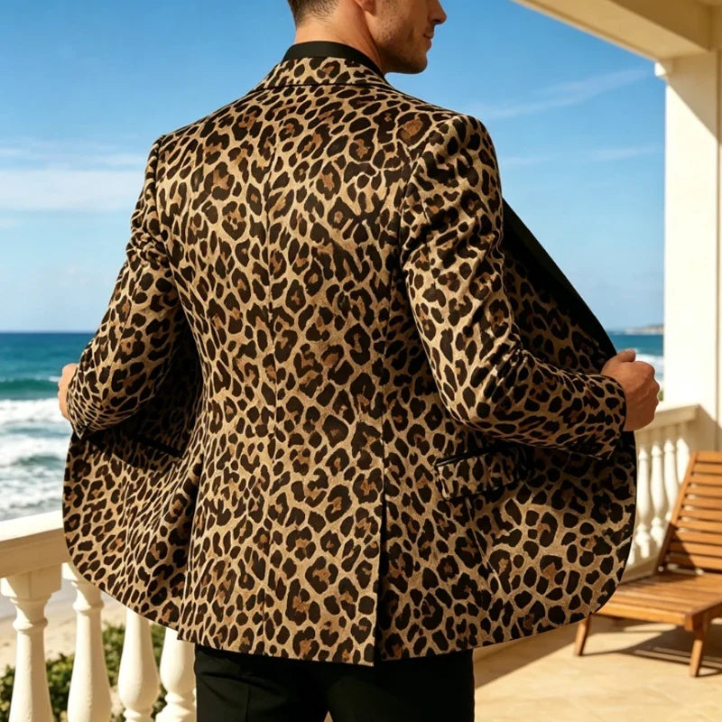 Men's Slim Fit Blazer Leopard Print Satin Lapel Single Button Jacket for Wedding Party