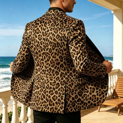 Men's Slim Fit Blazer Leopard Print Satin Lapel Single Button Jacket for Wedding Party