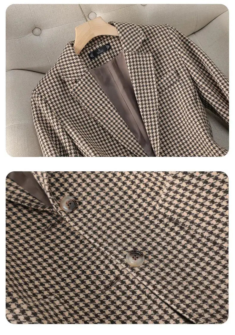 Women Office Ladies Single Breasted Slim Blazer Coat Autumn Winter Fashion Plaid Temperament Long Sleeved Elegant Tops Vacation