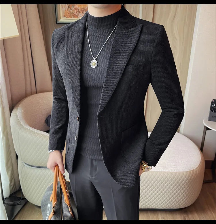 Men's Smart Casual Single Breasted Blazer – Spring Autumn Jacket in Green, Black & Coffee