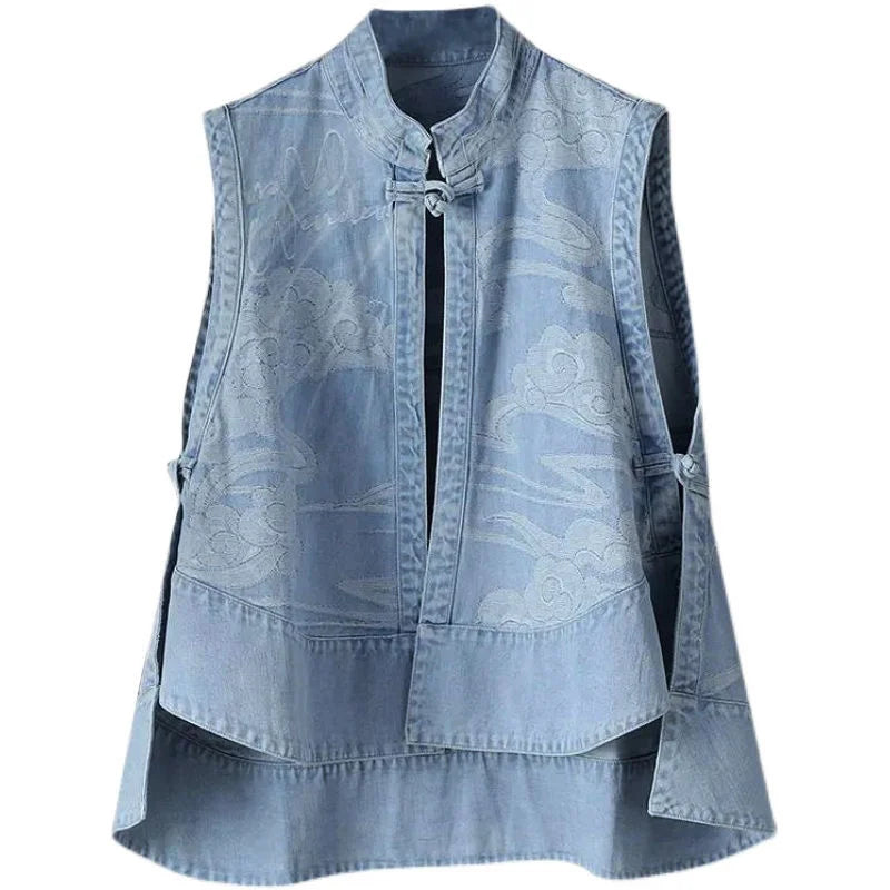 New Female Cowboy Vest Tops Coat Chinese Style Buckle Female Denim Waistcoat Jacket Ladies Cardigan Leisure Sleeveless Outerwear