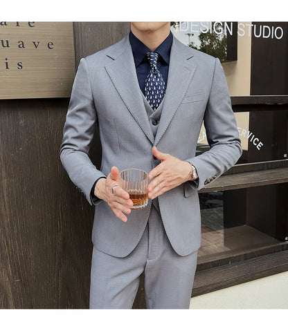 ( Jacket+Vest+Pants ) ltalian Style Luxury High-end Fashion Solid Color Mens Business Slim Suit 3Piece Set Groom Wedding Tuxedo
