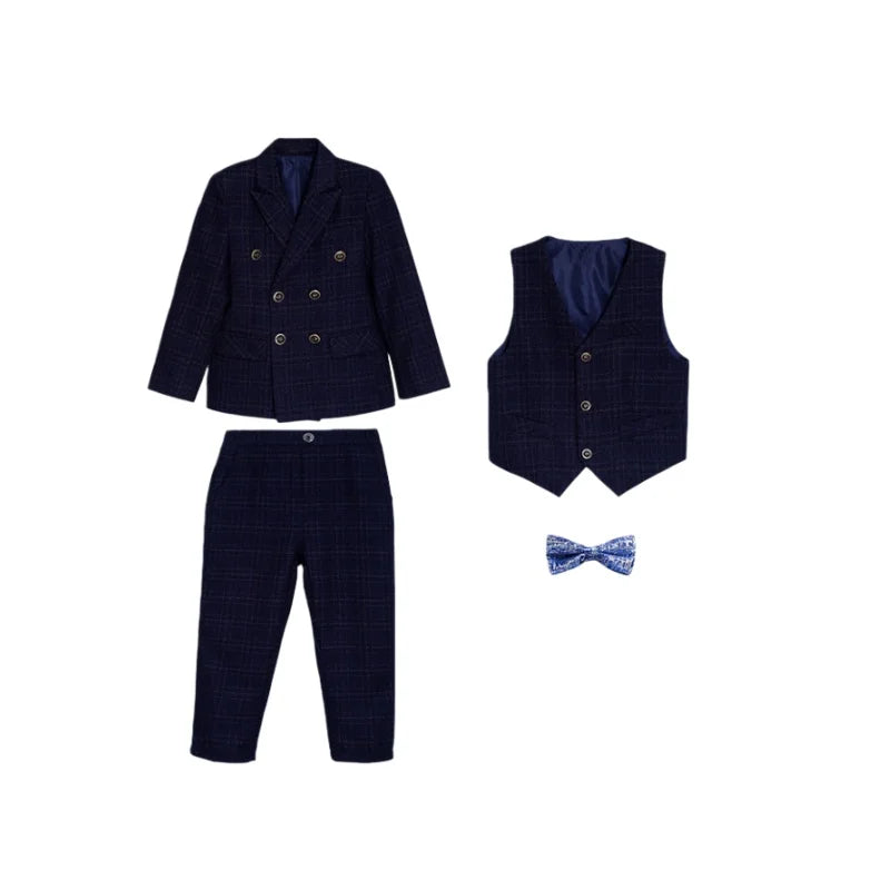 kids Gray Plaid Suit Set Flower Boys Wedding Outfit Children's 4Pieces Formal Wear With Jacket Vest Pants Bowtie