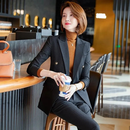 Elegant Office Ladies Two Piece Sets Womens Outifits 2025 New Double Breasted Long Sleeve Blazers Loose Casual Pant Suits