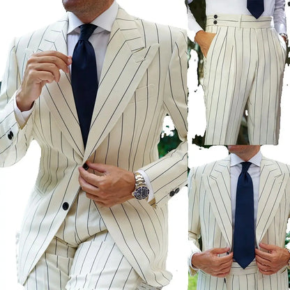 Modern Men's Suit Pinstripe 2 Pieces Blazer Pants Peaked Lapel Business Tuxedo Customized Formal Wedding Groom Costume Homme