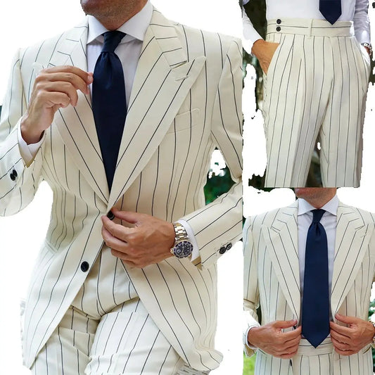 Modern Men's Suit Pinstripe 2 Pieces Blazer Pants Peaked Lapel Business Tuxedo Customized Formal Wedding Groom Costume Homme