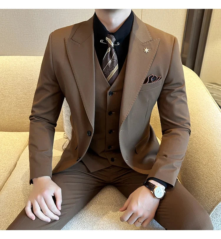 (Blazer + Vest + Trousers) 2024 New Men Formal Business Solid Suit 3 Pieces Set Italian Style Luxury Wedding Social Party Tuxedo