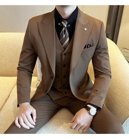 (Blazer + Vest + Trousers) 2024 New Men Formal Business Solid Suit 3 Pieces Set Italian Style Luxury Wedding Social Party Tuxedo