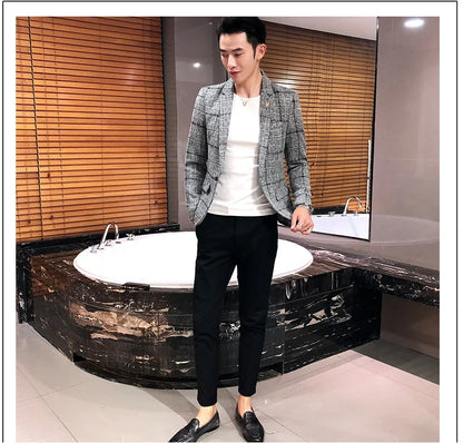 2025 New Men's Casual Plaid Suit Jacket Male Linen Plaid Business Self-cultivation Wedding Dress Party Suit Coat Plus Size S-5XL