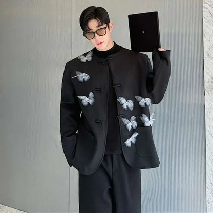 Personality Movable Butterfly Decoration Runway Suit Jackets Handsome Classy Collarless Men's Design Trendy Blazer LZ6063