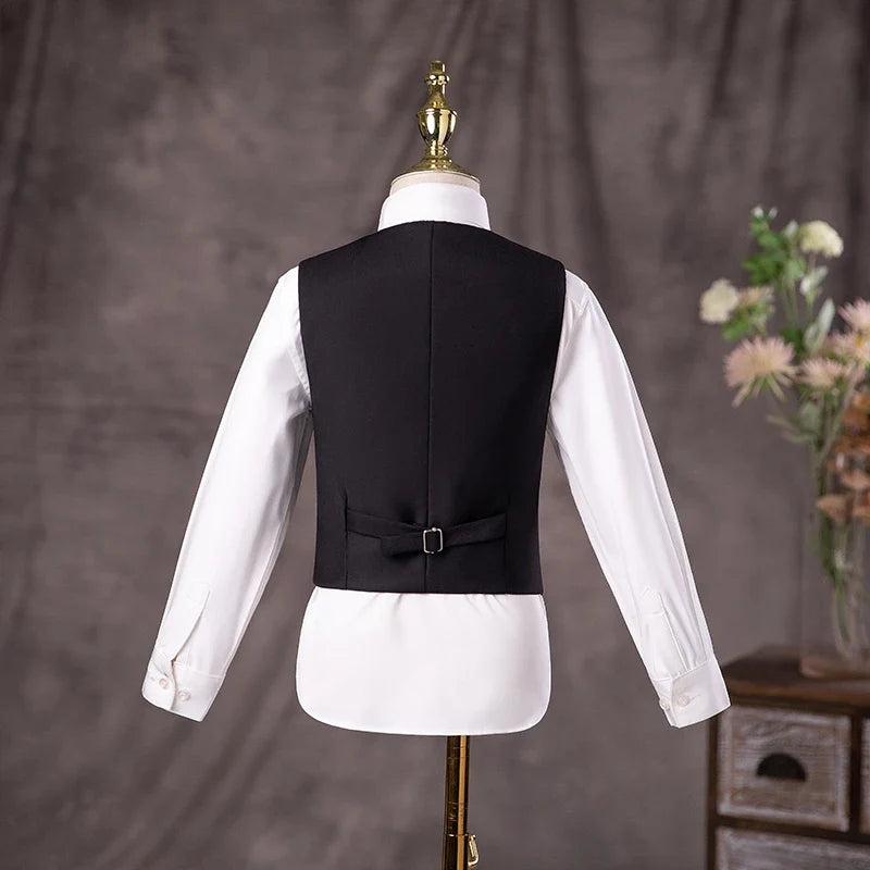 Flower Boys Black Wedding Suit Kids Jakcet Vest Pants 3PC Formal Birthday Set Children Graduation Photograph Performance Costume