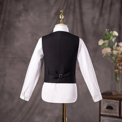 Flower Boys Black Wedding Suit Kids Jakcet Vest Pants 3PC Formal Birthday Set Children Graduation Photograph Performance Costume