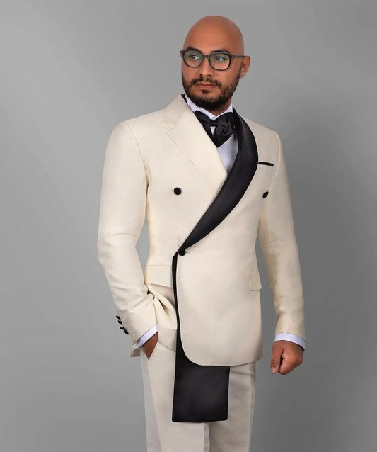 Beige Fashion Style 2 Piece Men Wedding Suits Slim Fit Double Breasted Blazer Business Groom Tuxedos Party Prom Costume Homme