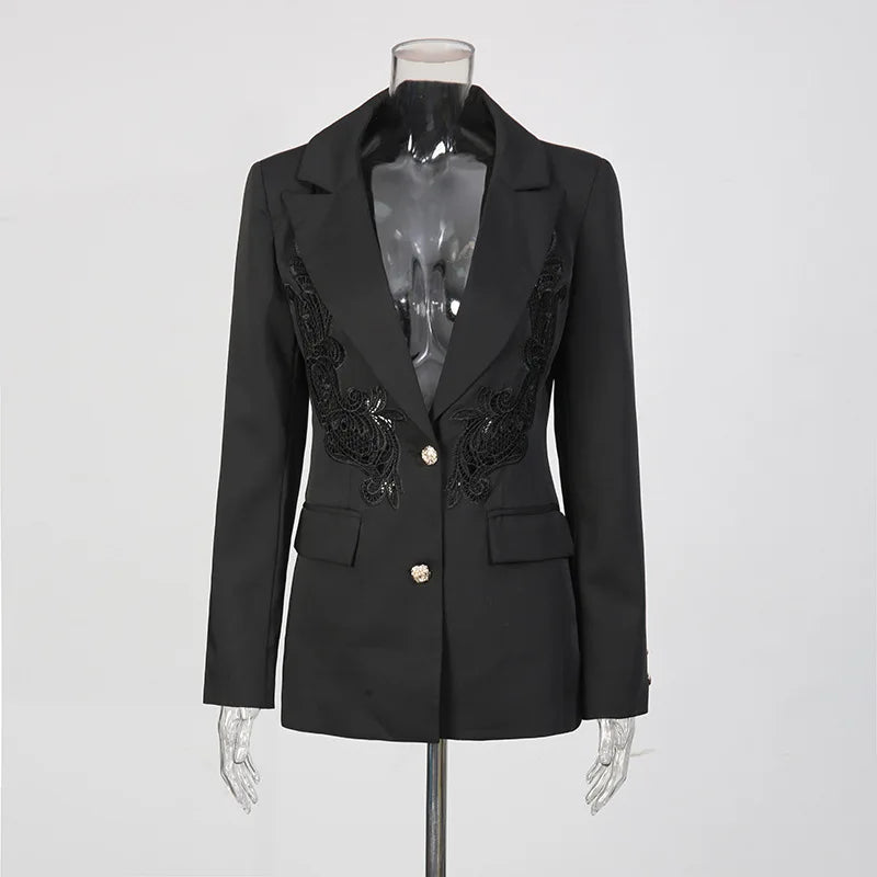 2026 Spring New Women Light Luxury Blazer High-End Lace Patchwork Hollow Out Waist Cinching Slim Fit Elegant Jacket HK18570