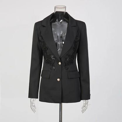 2026 Spring New Women Light Luxury Blazer High-End Lace Patchwork Hollow Out Waist Cinching Slim Fit Elegant Jacket HK18570