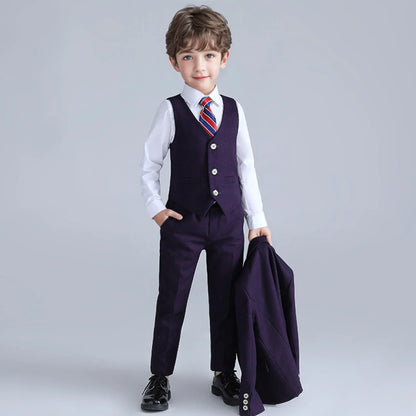 Handsome Boys Plaid Suit Set With Blazer Vest Pants Bowtie Brooch 1-11Years Kids Formal Birthday Wedding Party Outfit Suit Set