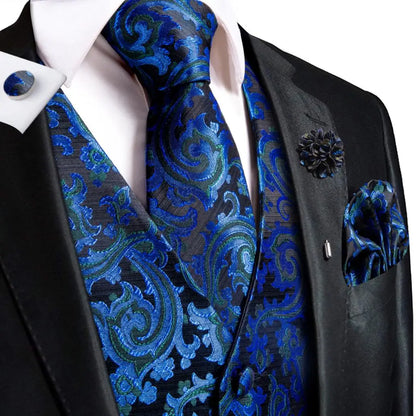 Men's Jacquard Waistcoat Suit Vest with Tie Hanky Cufflinks Brooch Set for Weddings and Business Events