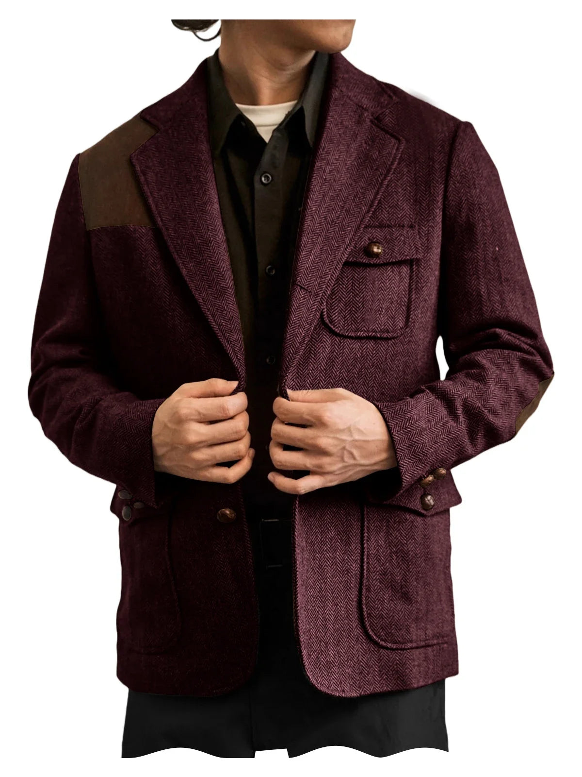 Men's Herringbone Tweed Blazer Shoulder Patchwork Suede Notch Lapel Suit Jacket Classic Fit Casual Business Vintage Sport Coat