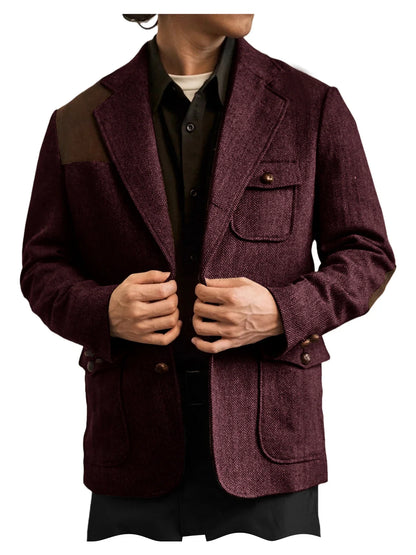 Men's Herringbone Tweed Blazer Shoulder Patchwork Suede Notch Lapel Suit Jacket Classic Fit Casual Business Vintage Sport Coat