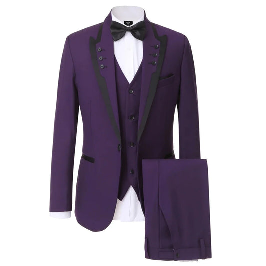 Men Suit Dark Purple 3 Pieces Single Button With Lapel For Wedding Birthday Banquet Party Business Work Office Jacket Vest Pants