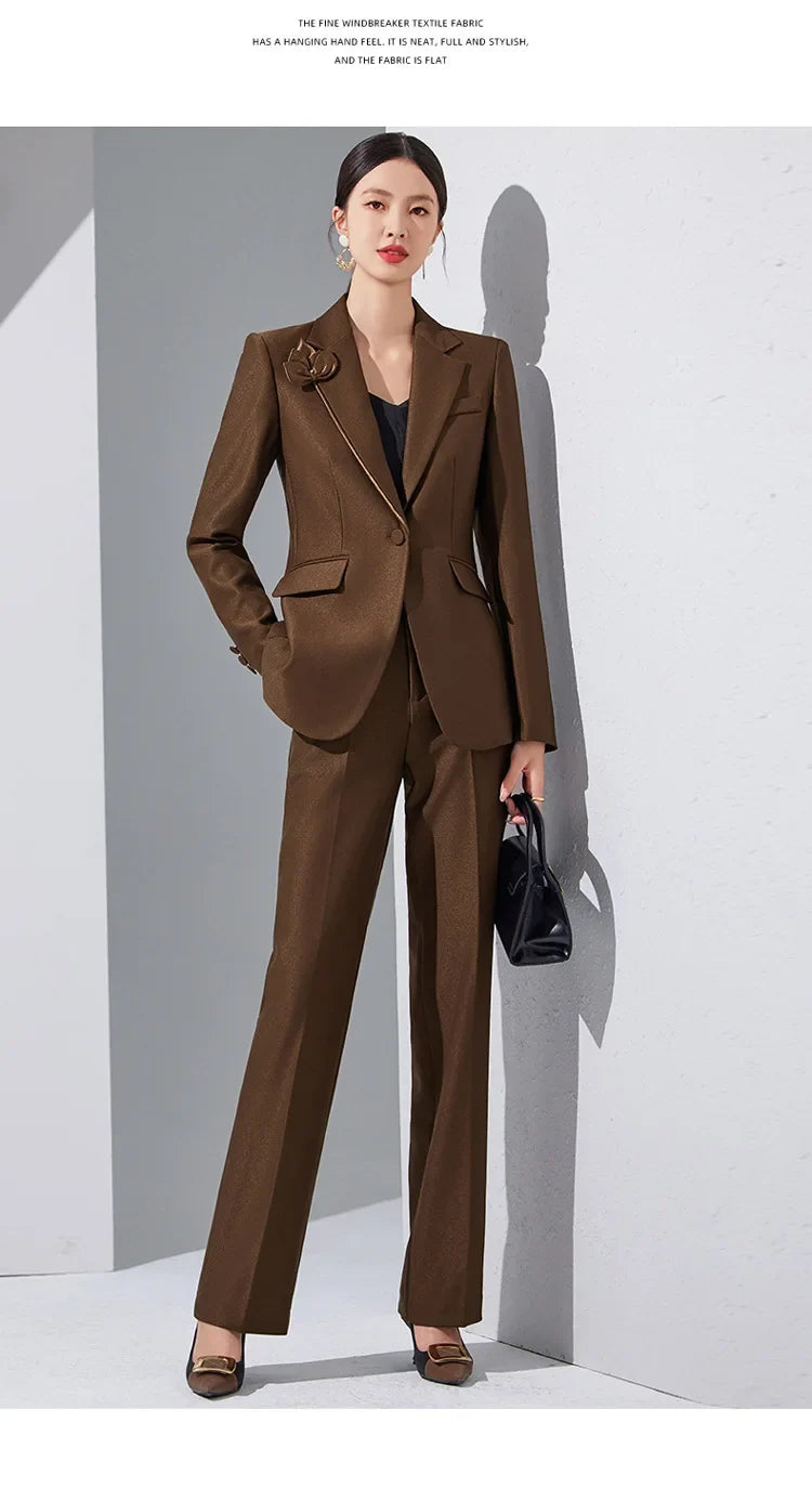 Women Blazer Pants Sets Apricot Appliques Two Pieces 2024 Autumn Work wear Trousers Formal Solid Color Long Sleeve Tops Pantsuit