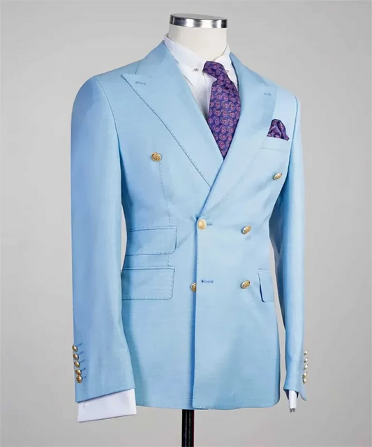 Men's Double Breasted Suit Jacket Sky Blue Plaid Peak Lapel Blazer for Wedding Business