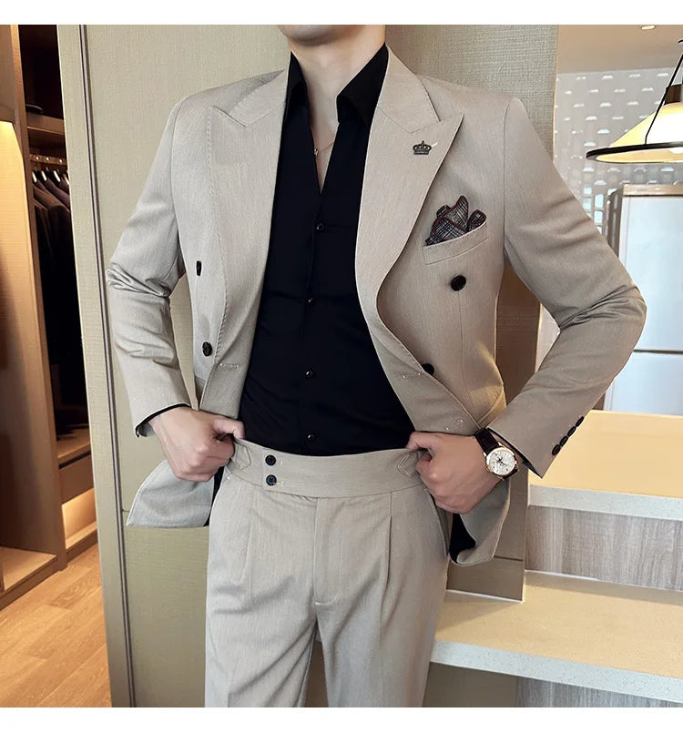 (Blazer + Trousers) Fashion Double Breasted Design Slim Men's Suit Italian Style Luxury Wedding Social Party Tuxedo 2 Piece Set