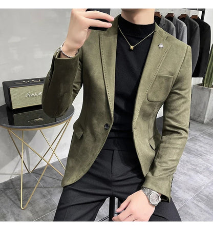 2023 Spring Suede Suit Jacket Men Casual Business Slim Fit Blazer Deerskin Leather Jacket Men Wedding Street Wear Social Coat