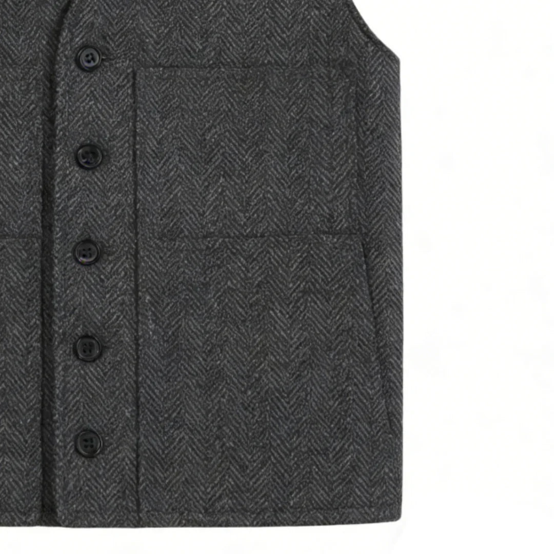 Men's Vest Gray Herringbone Single Button V-Neck Waistcoat for Wedding & Business