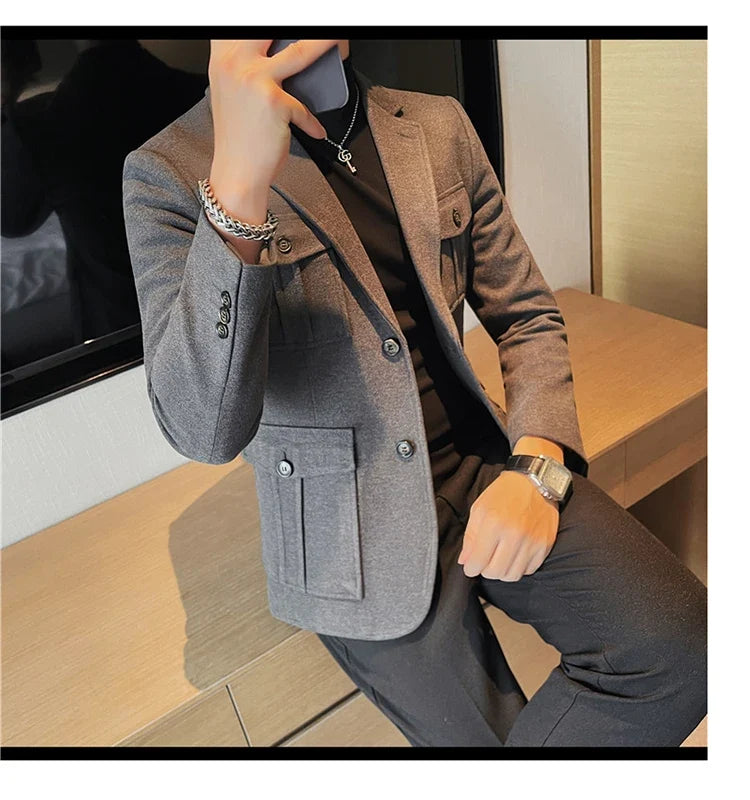 Winter Woolen Suit Jacket for Men Multiple Pockets Slim Fit Casual Business Blazers Masculino Wedding Streetwear Social Coats