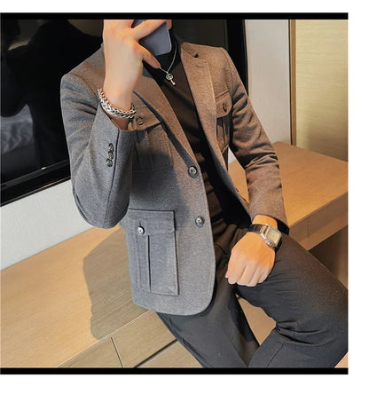Winter Woolen Suit Jacket for Men Multiple Pockets Slim Fit Casual Business Blazers Masculino Wedding Streetwear Social Coats
