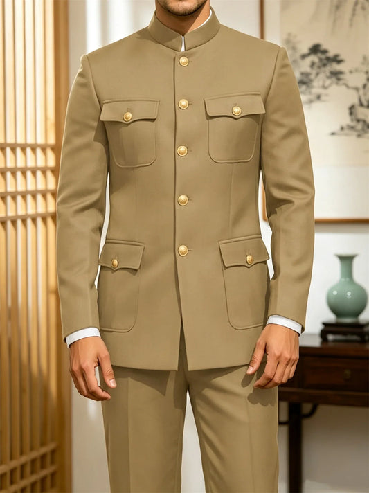 2 Pieces Mandarin Collar Safari Suits for Men Regular Fit Single Breasted Gold Button Jacket Pant Formal Set African Outfits
