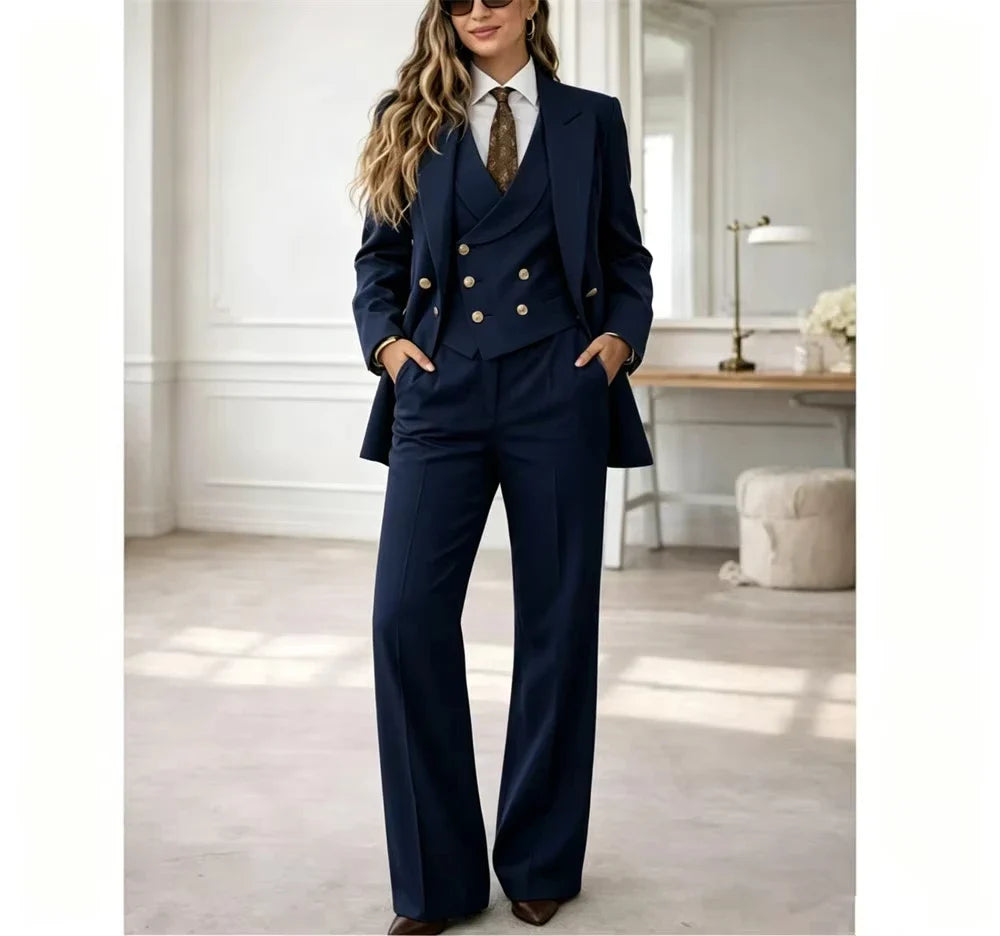 Classic Womens 3 Piece Suit Tailored Pantsuit Costume Femme Chic Elegant Wedding Guest Power Suit Mariage (Jacket+Vest+Pant)