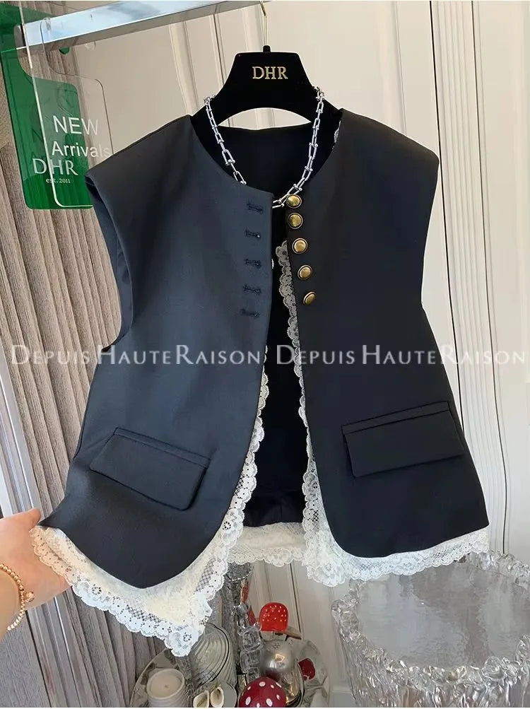 Fashion Loose Lace Patchwork Fake Two-piece Suit Vest Jacket Women's Korean  Spring  Autumn Sleeveless Top
