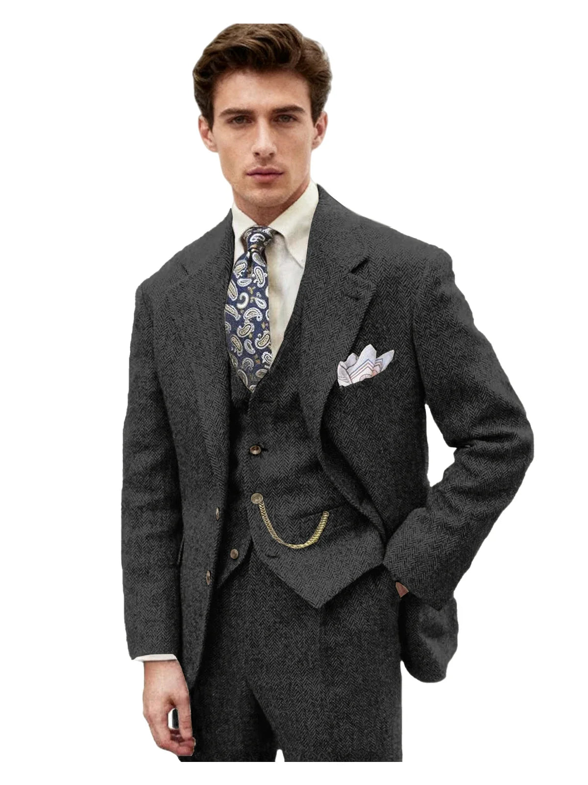 3 Piece Grey/Brown Mens Tweed Herringbone Wedding Suit Prom Tuxedos Peak Lapel Tweed for Business Slim Fit (Blazer+Vest+Pants)
