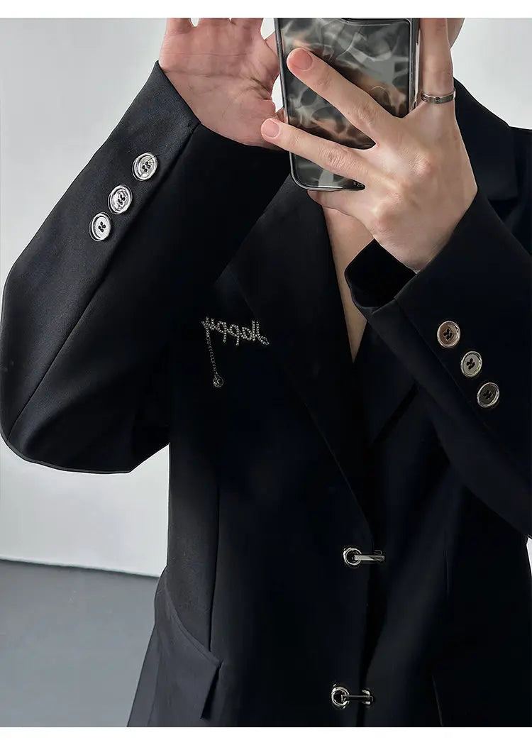 Spring Fashion Metal Buckle Decorate Solid Color Blazer Coat Men's Elegant Temperament Luxury Casual Male Clothes JY6115