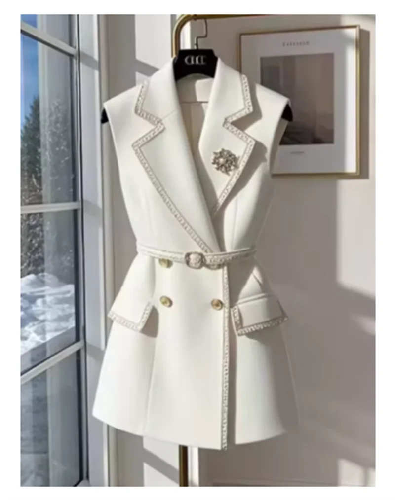 White Sleeveless Jacket with Belt Summer Cotton Suit Vest British Notched Double-breasted Office Lady Formal Elegant Waistcoat