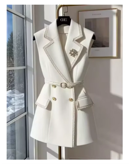 White Sleeveless Jacket with Belt Summer Cotton Suit Vest British Notched Double-breasted Office Lady Formal Elegant Waistcoat