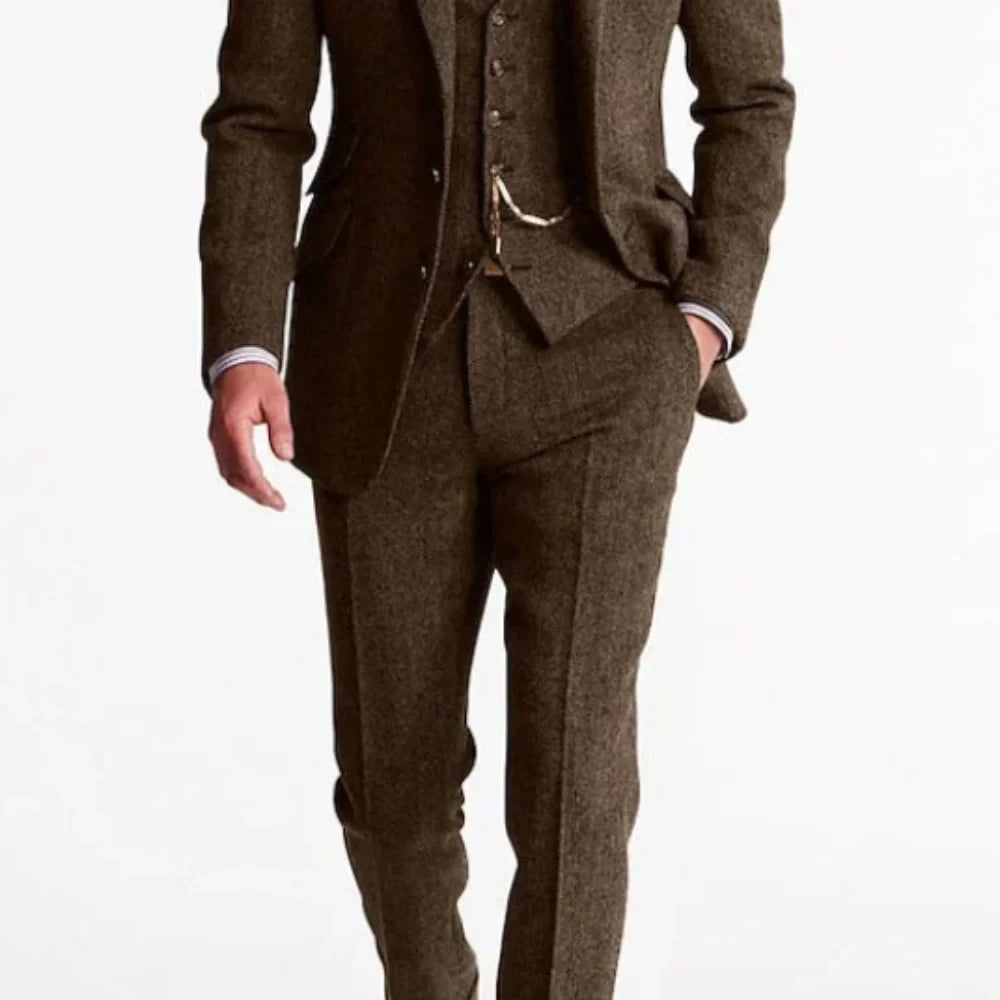 3 Piece Grey/Brown Mens Tweed Herringbone Slim Fit Wedding Suits Prom Tuxedos Notch Lapel Blazer for Business(Blazer+Vest+Pants)