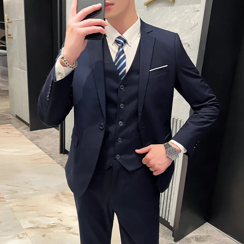 Men's Three-Piece Slim Fit Suit – England Style, Business Casual & Wedding, Navy/Black/Grey
