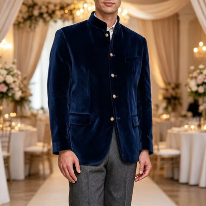 Single Breasted Velvet Suit Jacket Men with Stand Collar 1 Piece Fashion Blazer for Wedding Prom Formal Gentleman Suit Wear