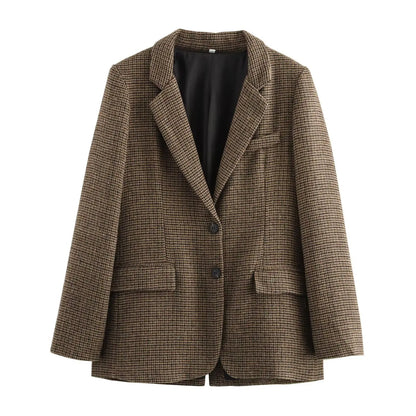 Women's Brown Plaid Blazer Jacket Y2k Harajuku 2000s Vintage Long Sleeve Single Breasted Suit Coat Oversize Outerwear Autum 2025