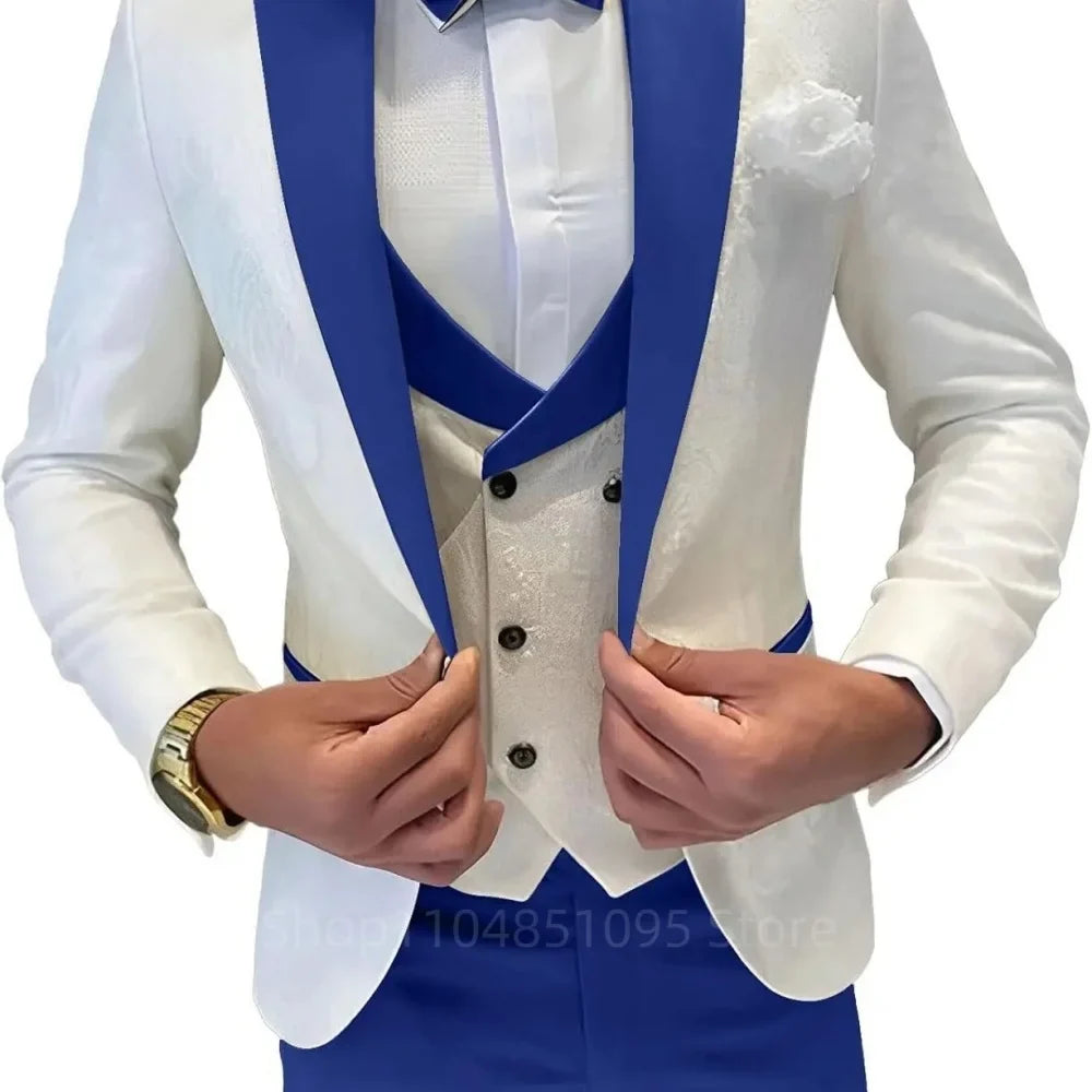 Jacquard Men's Suits Regular Fit 3 Pieces Blazer+Vests+Pants Double Breasted Vest Prom Tuxedos Business Set Wedding Men Clothes