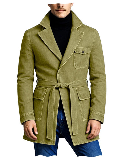 Men's Vintage Mid Length Belted Denim Trench Coat Notched Lapel Casual Workwear Outerwear Stylish Daily Streetwear Jacket