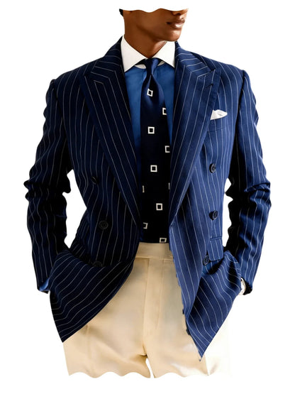 Navy Blue Striped Pattern Business Suit Jacket Double Breasted Slim Fit Blazer Casual Formal Attire Office Groom's Wedding Dress